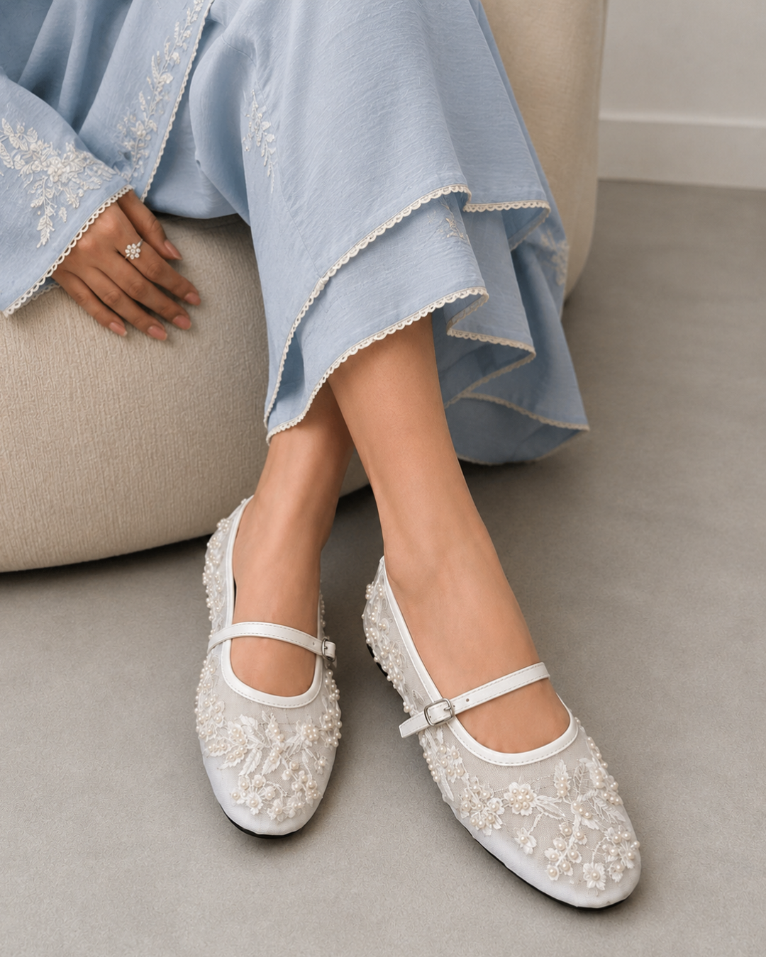 ZARA PEARL-EMBELLISHED MARY JANE PUMPS