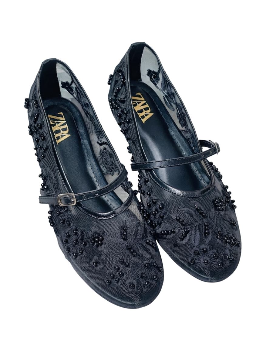 ZARA PEARL-EMBELLISHED MARY JANE PUMPS
